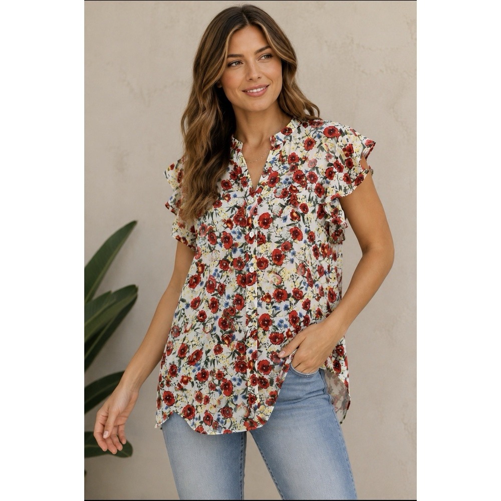 FIGUEROA &‎ FLOWER Blouse Women Large Floral Ruffle Sleeve Boho Top